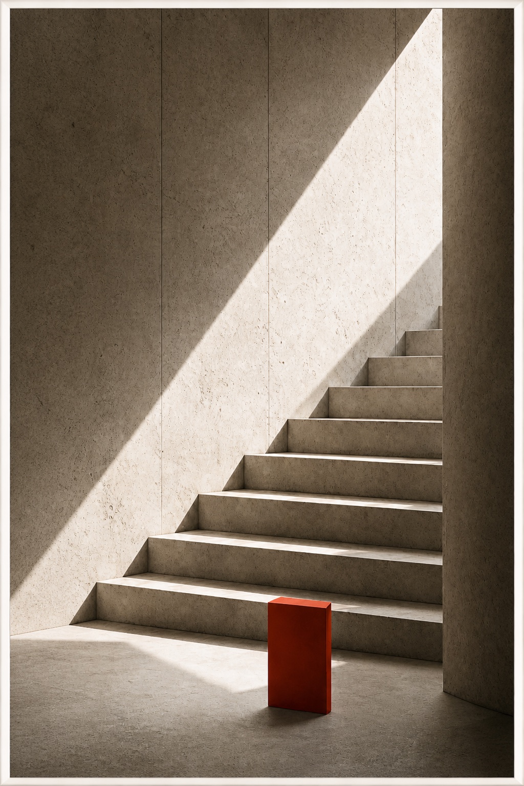 A staircase in warm stone with a single red brick at its base — the signal in the system.